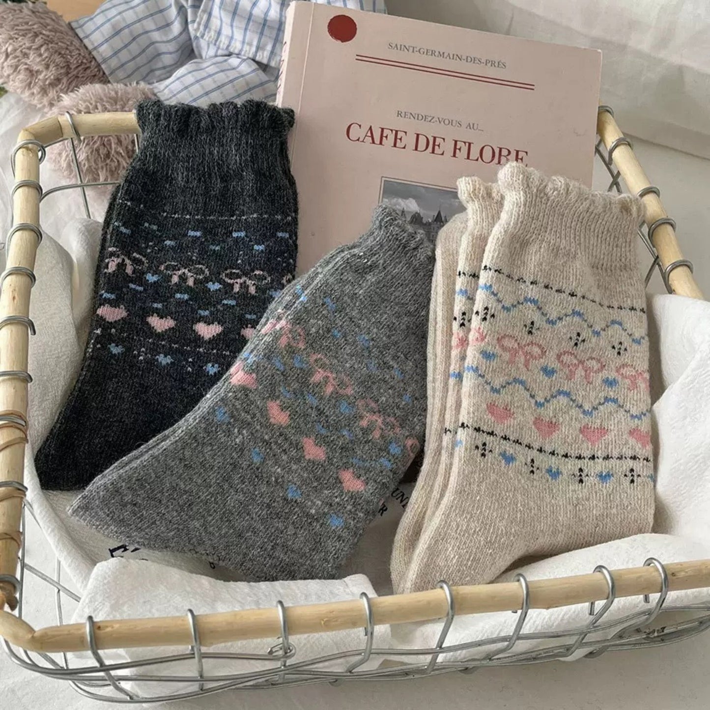 3-Pair Pack Crew Socks with Heart and Bow Pattern Knit Design Perfect for Gifting and Everyday Wear
