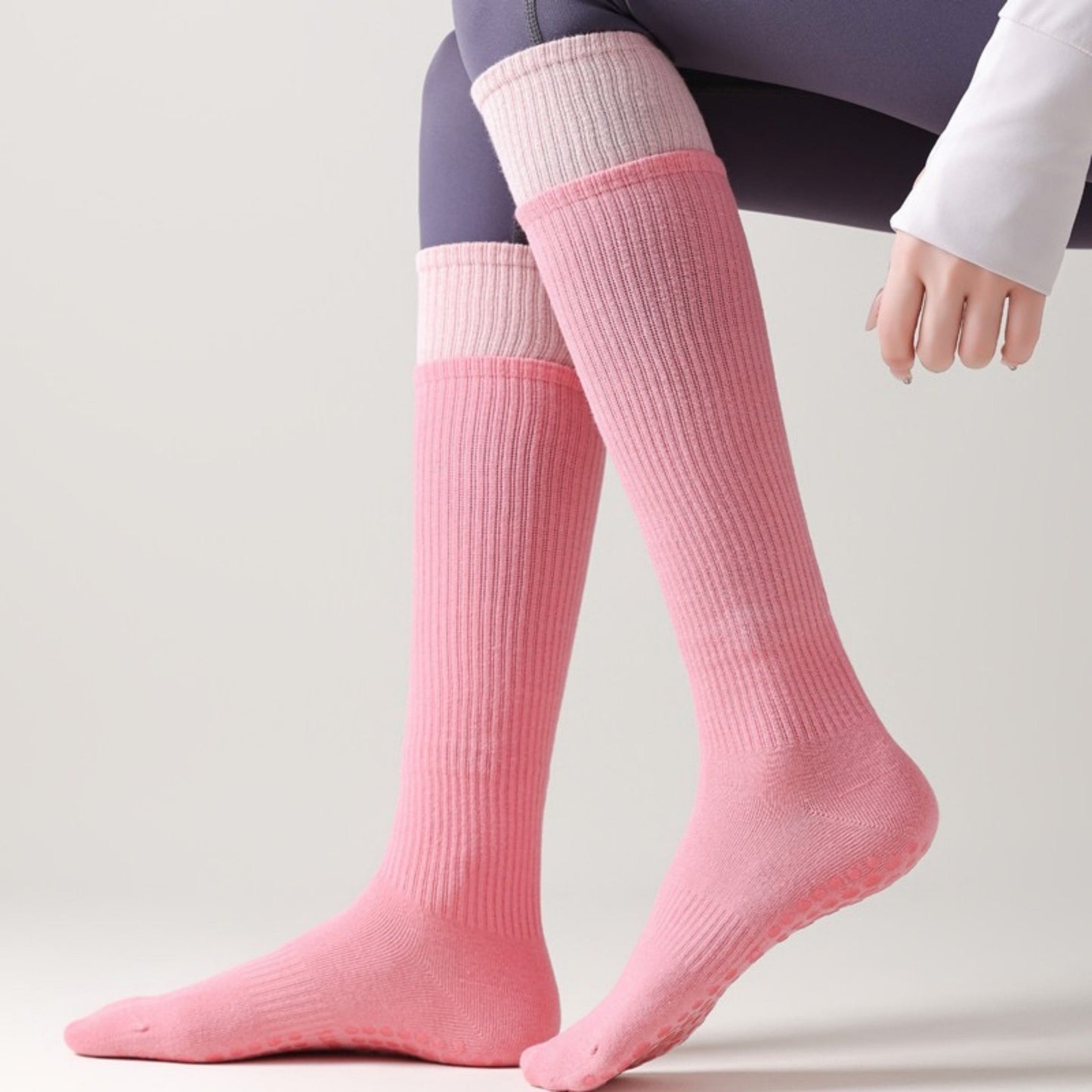 2-Pair Knee High Grip Bottom Socks with Ribbed Knit Design and Cushioned Comfort for Yoga, Pilates, and Dance