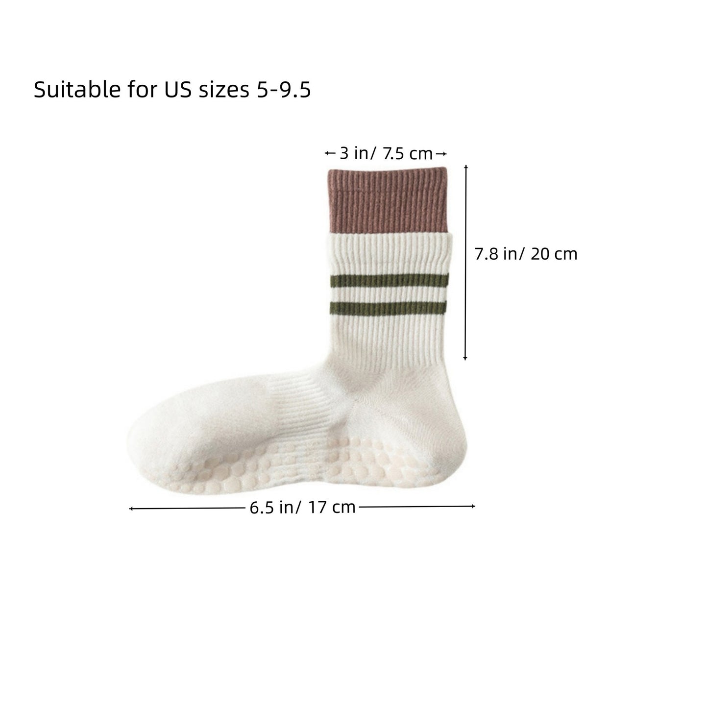 3-Pair Mid-Calf Grip Bottom Socks with Striped Cuff and Soft Ribbed Knit for Everyday Comfort and Stability