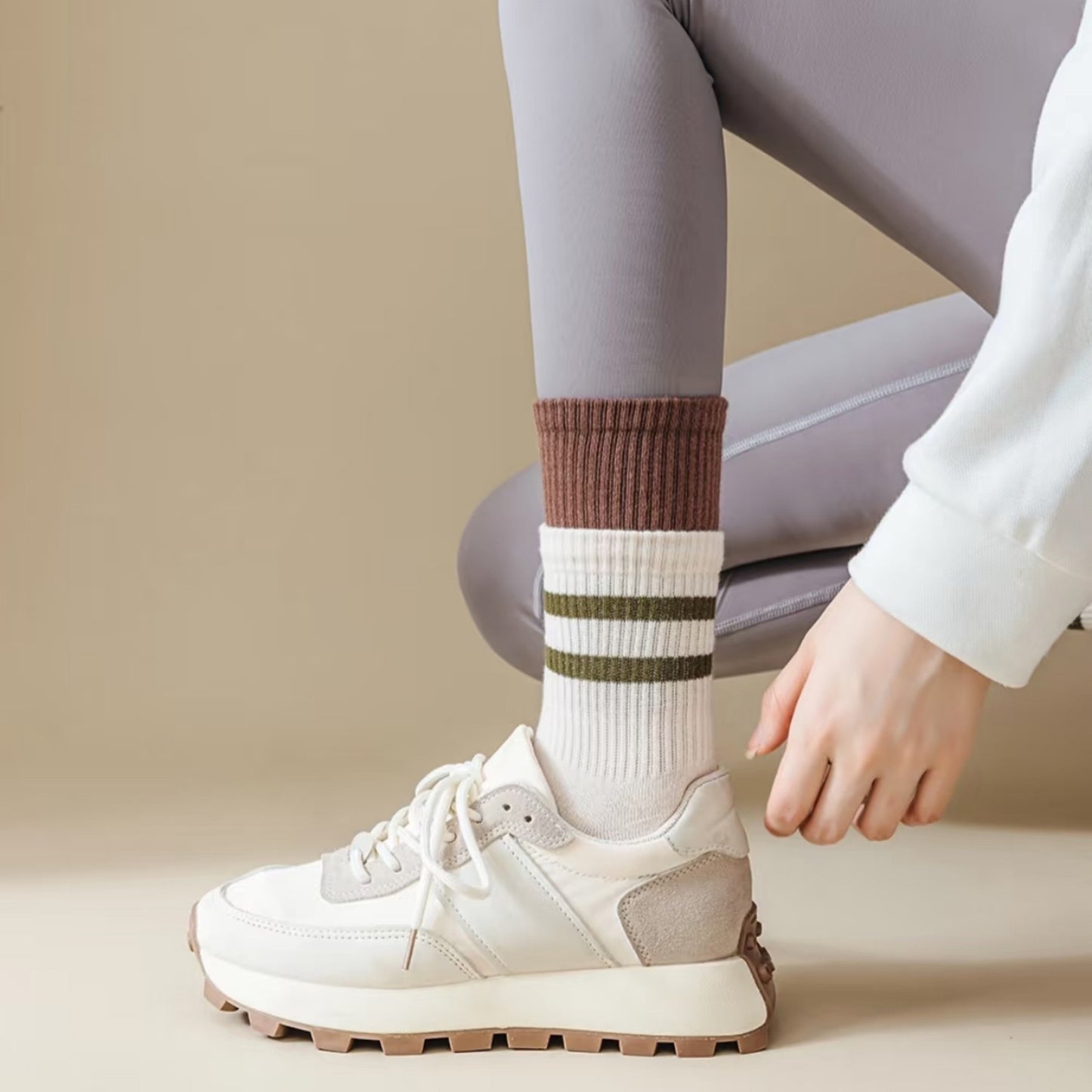 3-Pair Mid-Calf Grip Bottom Socks with Striped Cuff and Soft Ribbed Knit for Everyday Comfort and Stability