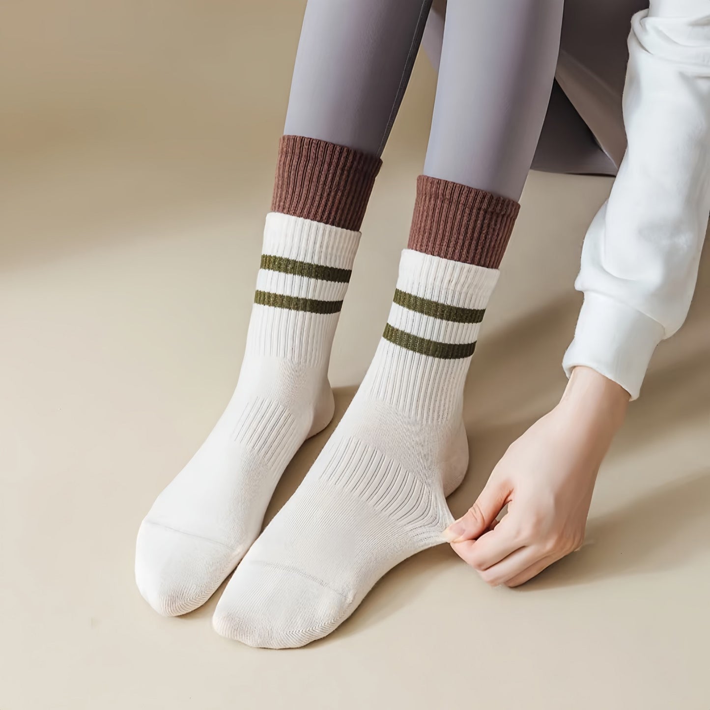 3-Pair Mid-Calf Grip Bottom Socks with Striped Cuff and Soft Ribbed Knit for Everyday Comfort and Stability