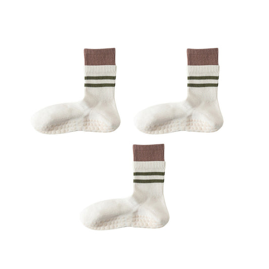 3-Pair Mid-Calf Grip Bottom Socks with Striped Cuff and Soft Ribbed Knit for Everyday Comfort and Stability