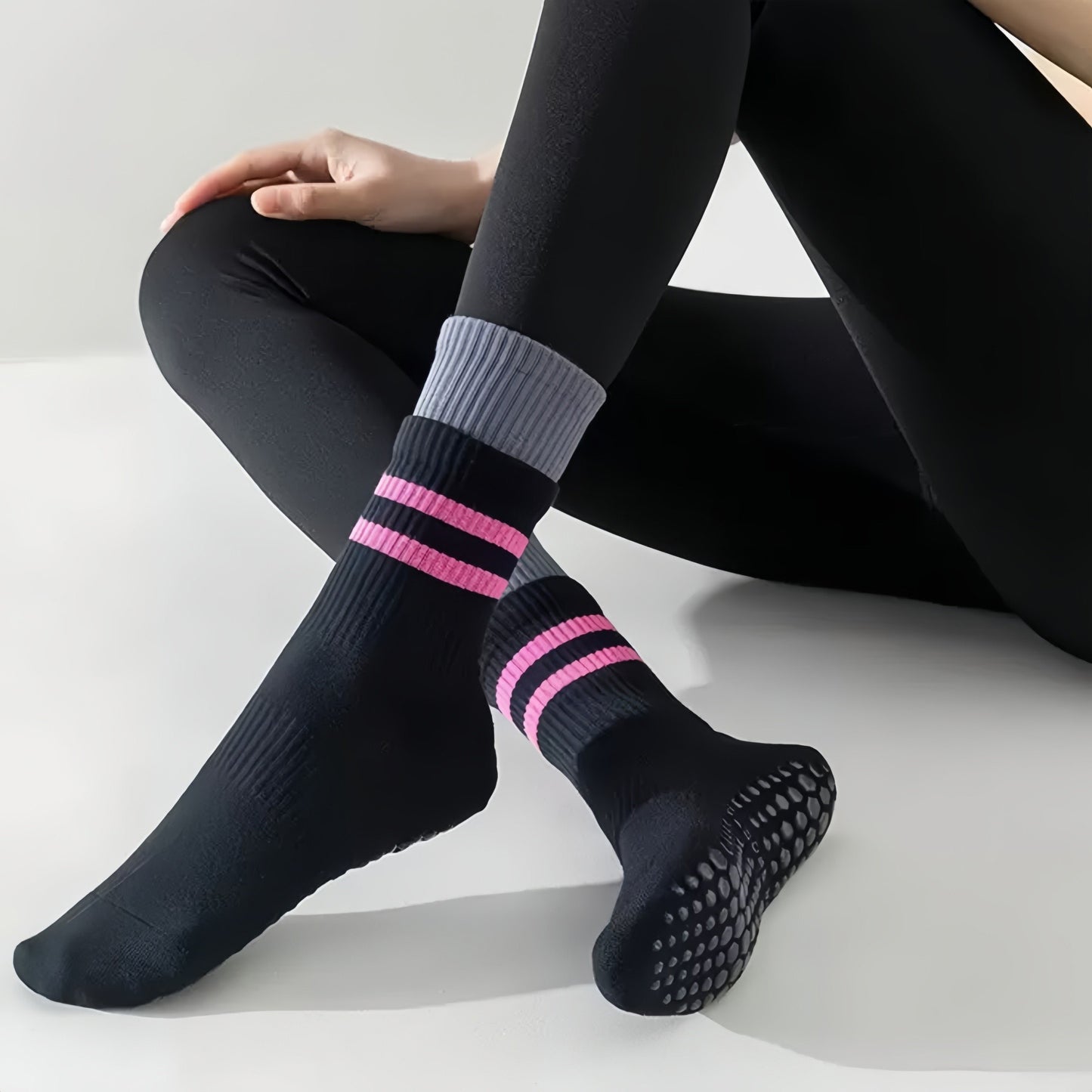 3-Pair Mid-Calf Grip Bottom Socks with Striped Cuff and Soft Ribbed Knit for Everyday Comfort and Stability
