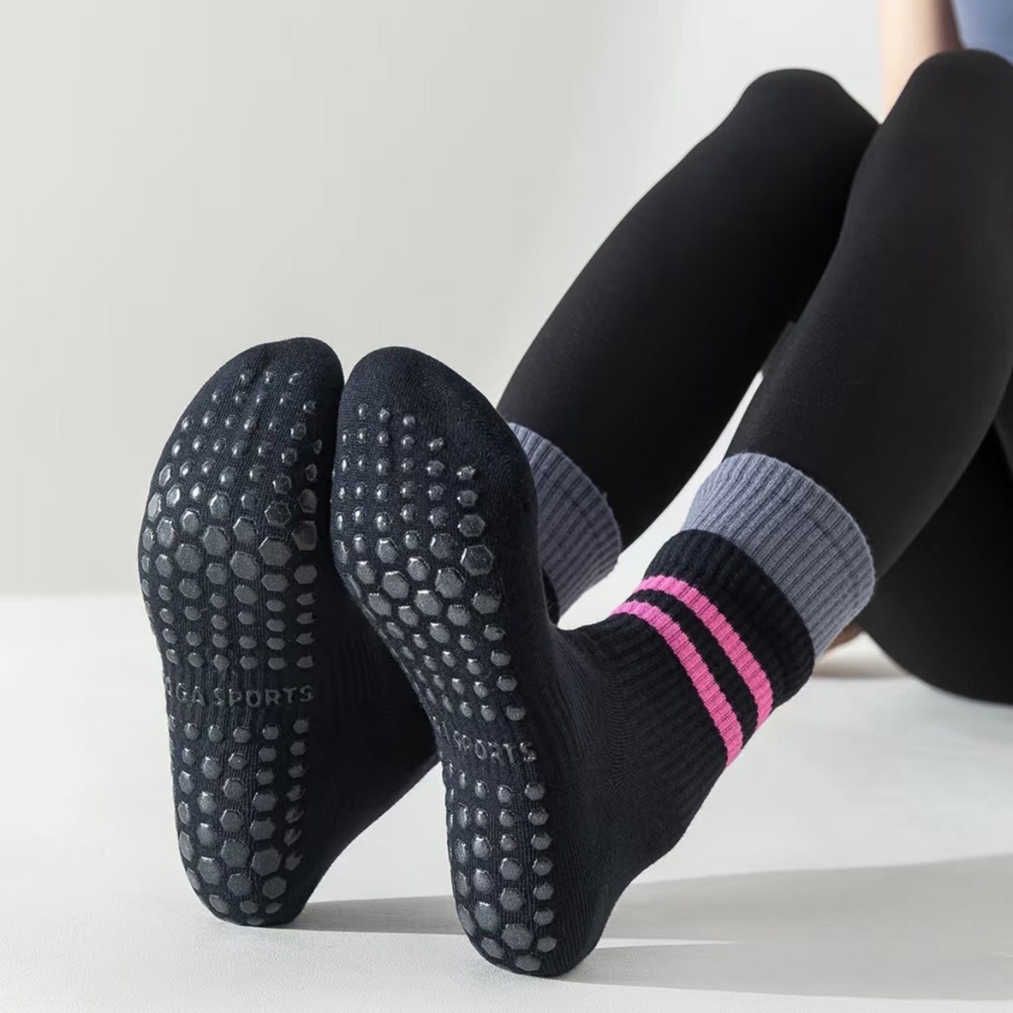 3-Pair Mid-Calf Grip Bottom Socks with Striped Cuff and Soft Ribbed Knit for Everyday Comfort and Stability