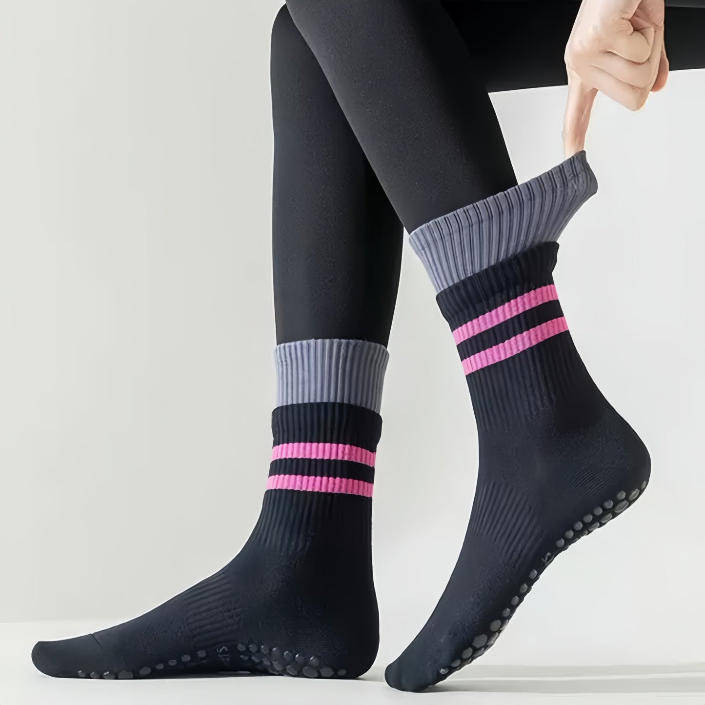 3-Pair Mid-Calf Grip Bottom Socks with Striped Cuff and Soft Ribbed Knit for Everyday Comfort and Stability