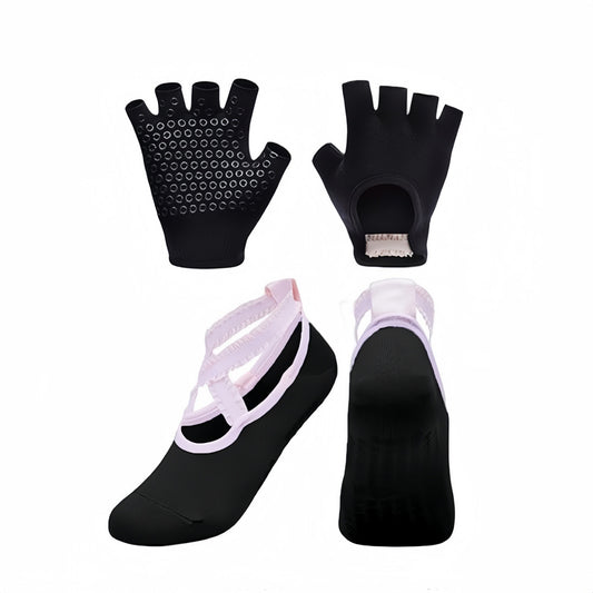 Yoga and Pilates Grip Sock and Fingerless Glove Set with Anti-Slip Design and Elastic Straps for Secure Fit
