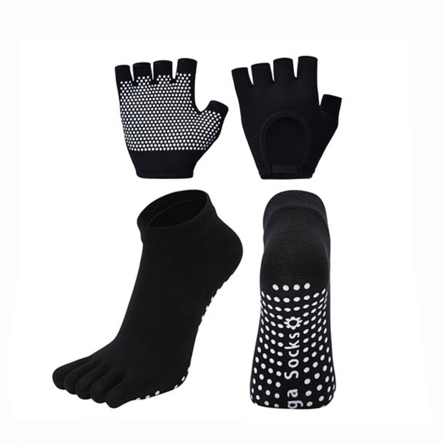 Yoga and Pilates Toe Sock and Fingerless Glove Set with Anti-Slip Grip and Breathable Stretch Fabric