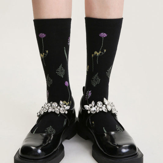 3-Pair Floral Pattern Crew Socks with Scalloped Cuff and Allover Knit Design for Everyday Feminine Style