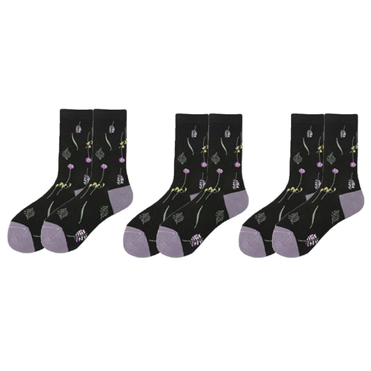3-Pair Floral Pattern Crew Socks with Scalloped Cuff and Allover Knit Design for Everyday Feminine Style