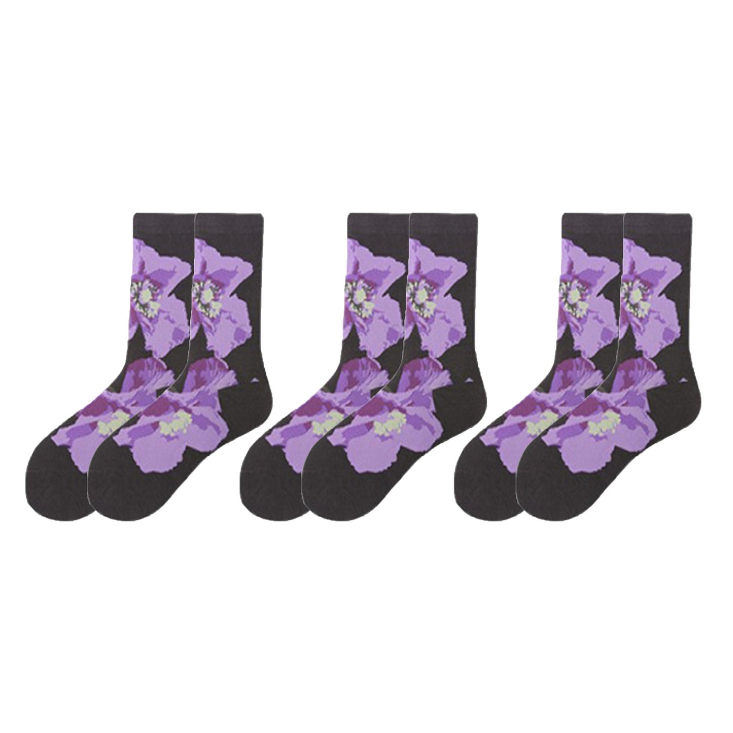 3-Pair Floral Pattern Crew Socks with Scalloped Cuff and Allover Knit Design for Everyday Feminine Style