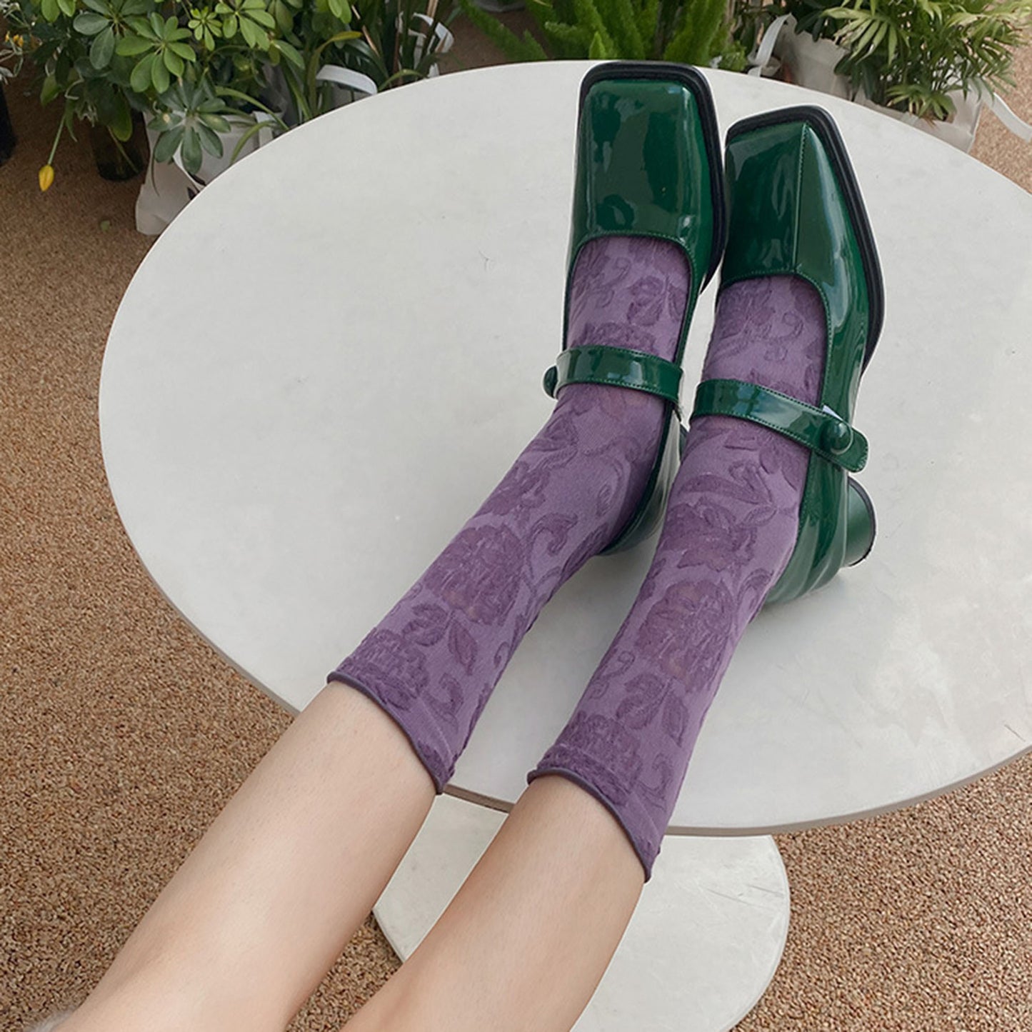 3-Pair Floral Pattern Crew Socks with Scalloped Cuff and Allover Knit Design for Everyday Feminine Style