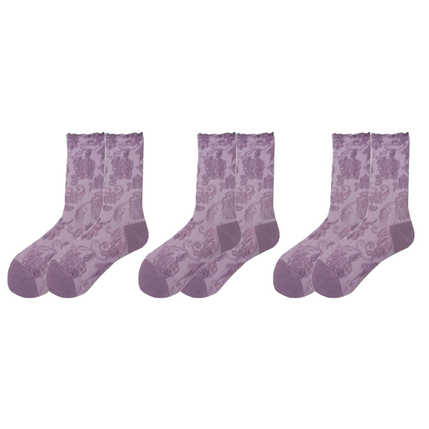 3-Pair Floral Pattern Crew Socks with Scalloped Cuff and Allover Knit Design for Everyday Feminine Style