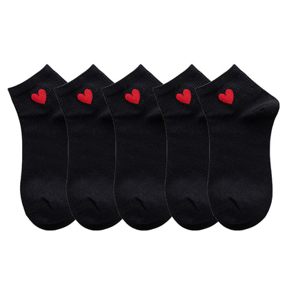 5-Pair Ankle Socks with Ribbed Cuff and Embroidered Heart Accent for Everyday Comfort and Style