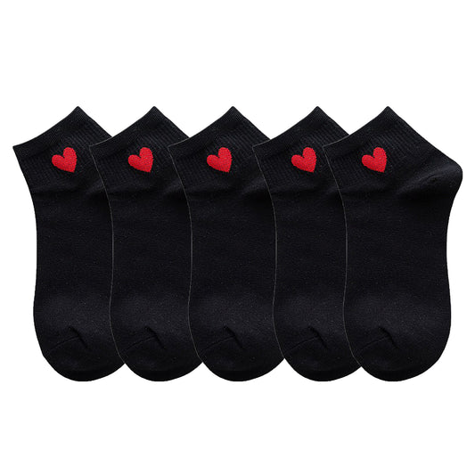 5-Pair Ankle Socks with Ribbed Cuff and Embroidered Heart Accent for Everyday Comfort and Style