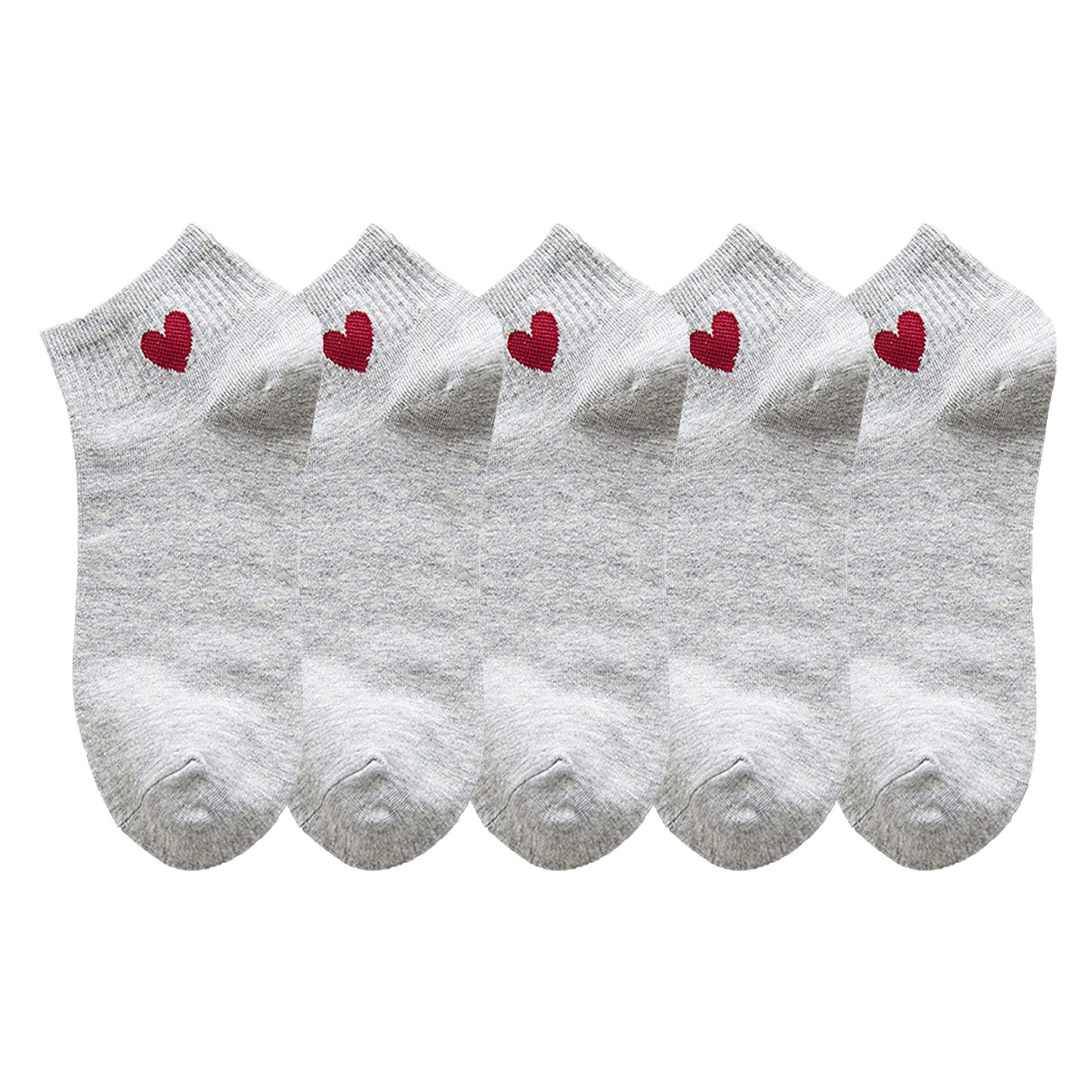 5-Pair Ankle Socks with Ribbed Cuff and Embroidered Heart Accent for Everyday Comfort and Style