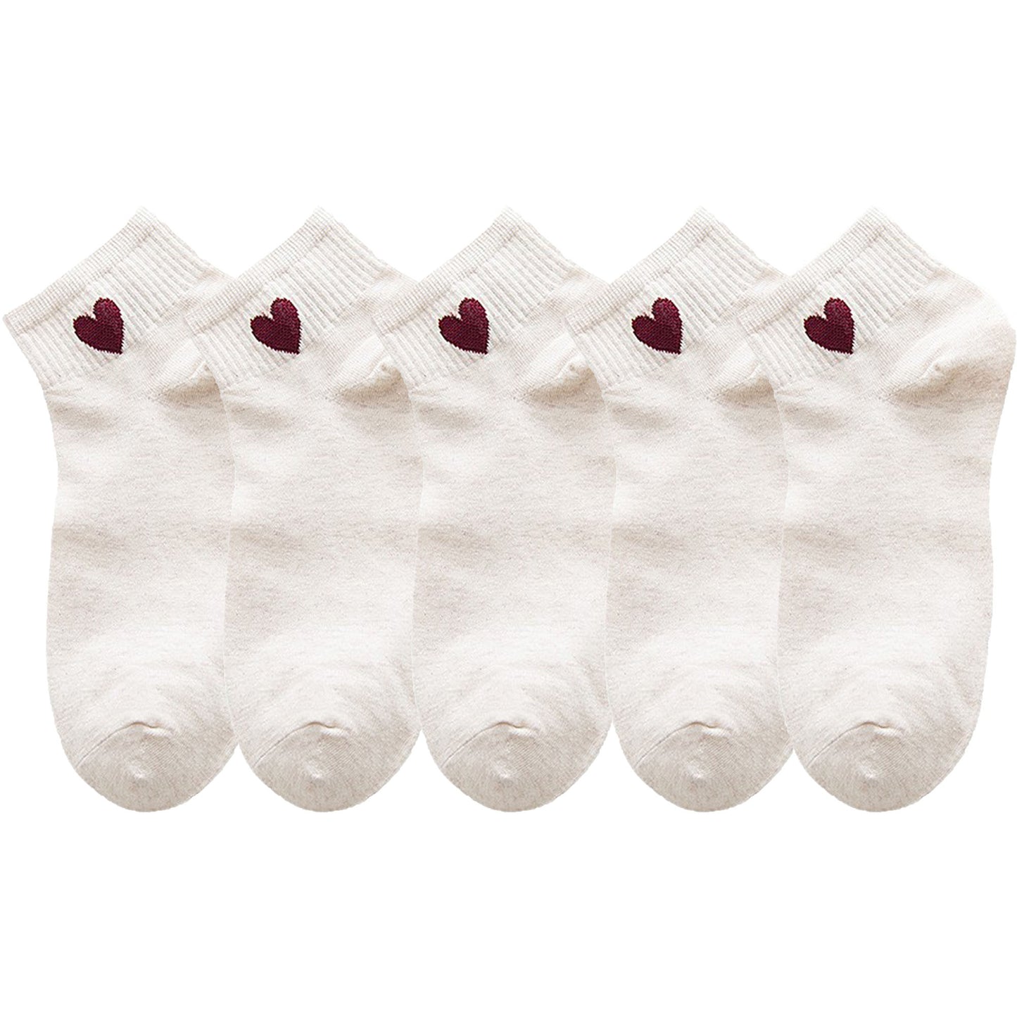 5-Pair Ankle Socks with Ribbed Cuff and Embroidered Heart Accent for Everyday Comfort and Style