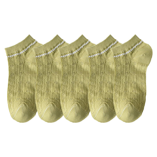 5-Pair Knit Ankle Socks with Delicate Heart Pattern and Ruffled Cuff Detail for Sweet Everyday Style