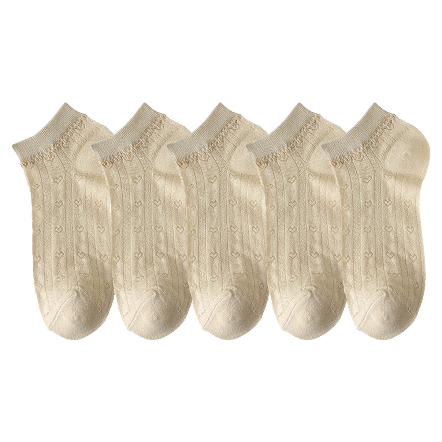 5-Pair Knit Ankle Socks with Delicate Heart Pattern and Ruffled Cuff Detail for Sweet Everyday Style