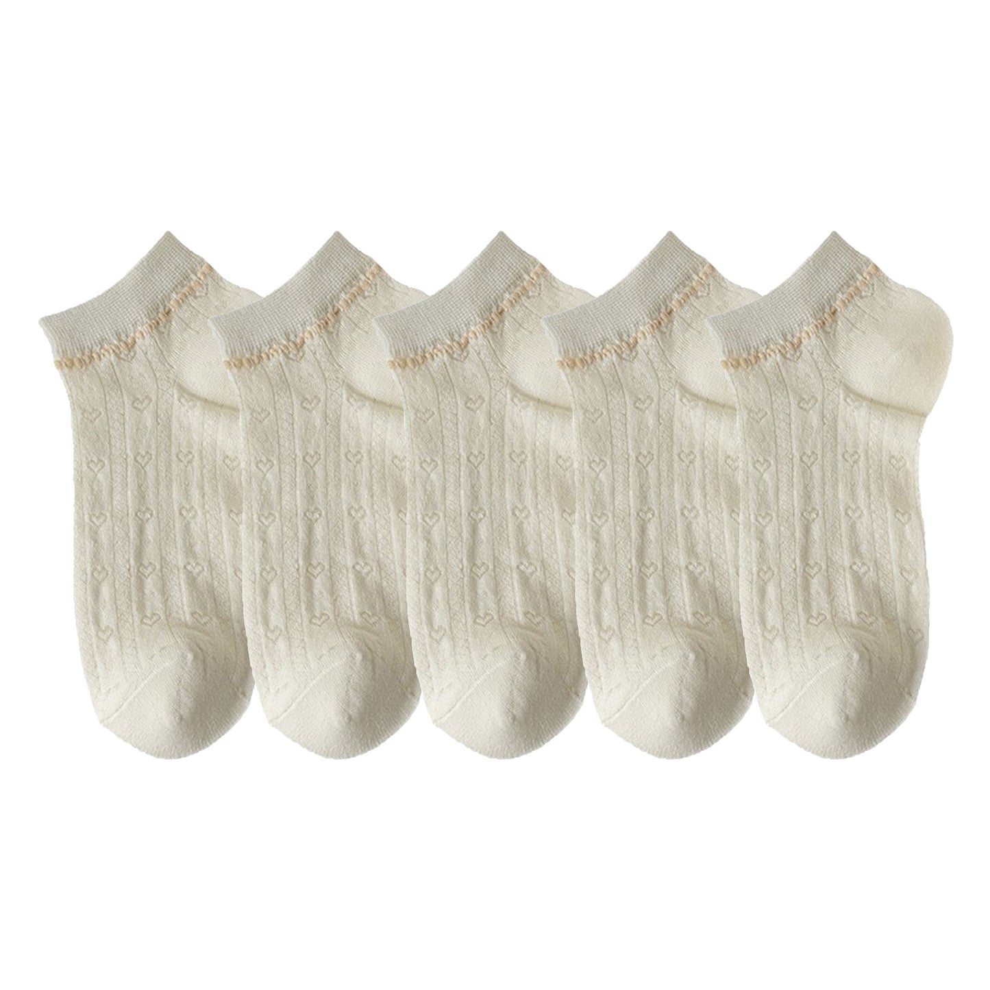 5-Pair Knit Ankle Socks with Delicate Heart Pattern and Ruffled Cuff Detail for Sweet Everyday Style
