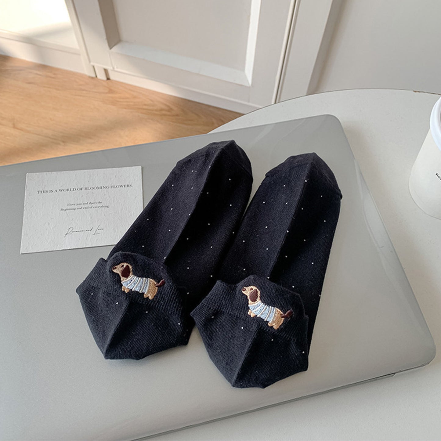 3-Pair No-Show Socks with Embroidered Dog Design and Soft Knit Low-Cut Fit for Casual Comfort