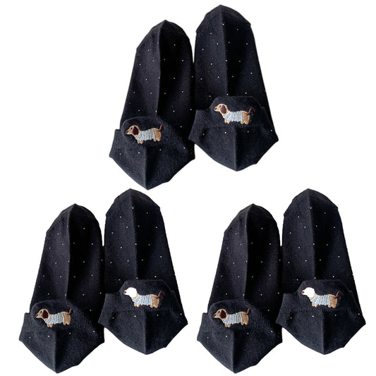3-Pair No-Show Socks with Embroidered Dog Design and Soft Knit Low-Cut Fit for Casual Comfort
