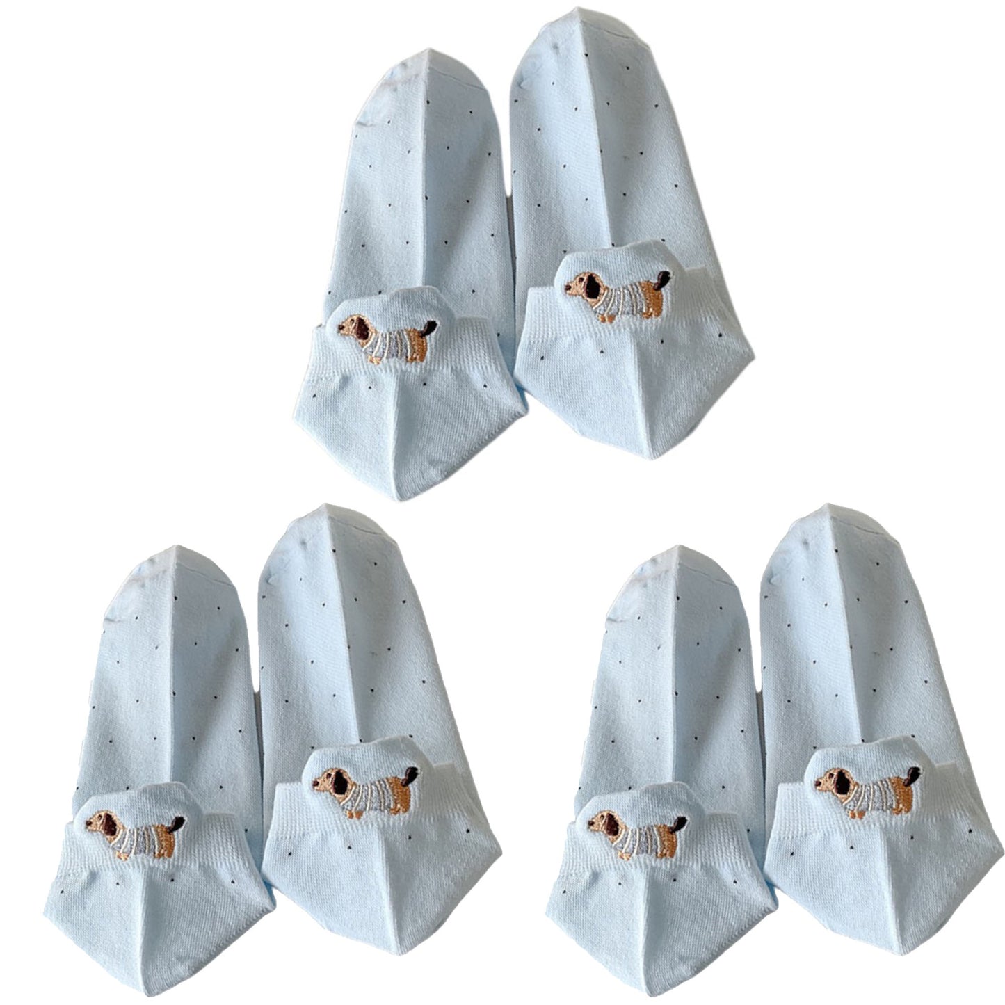 3-Pair No-Show Socks with Embroidered Dog Design and Soft Knit Low-Cut Fit for Casual Comfort