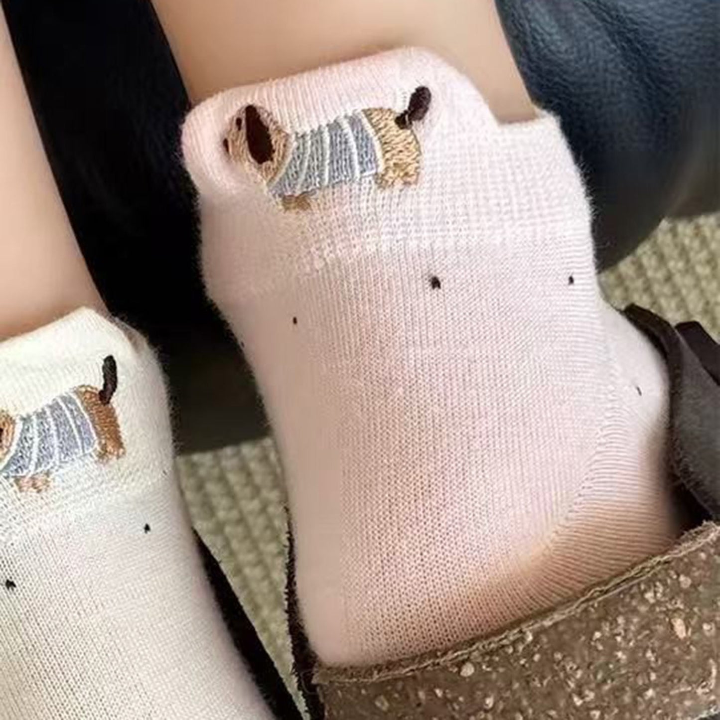 3-Pair No-Show Socks with Embroidered Dog Design and Soft Knit Low-Cut Fit for Casual Comfort