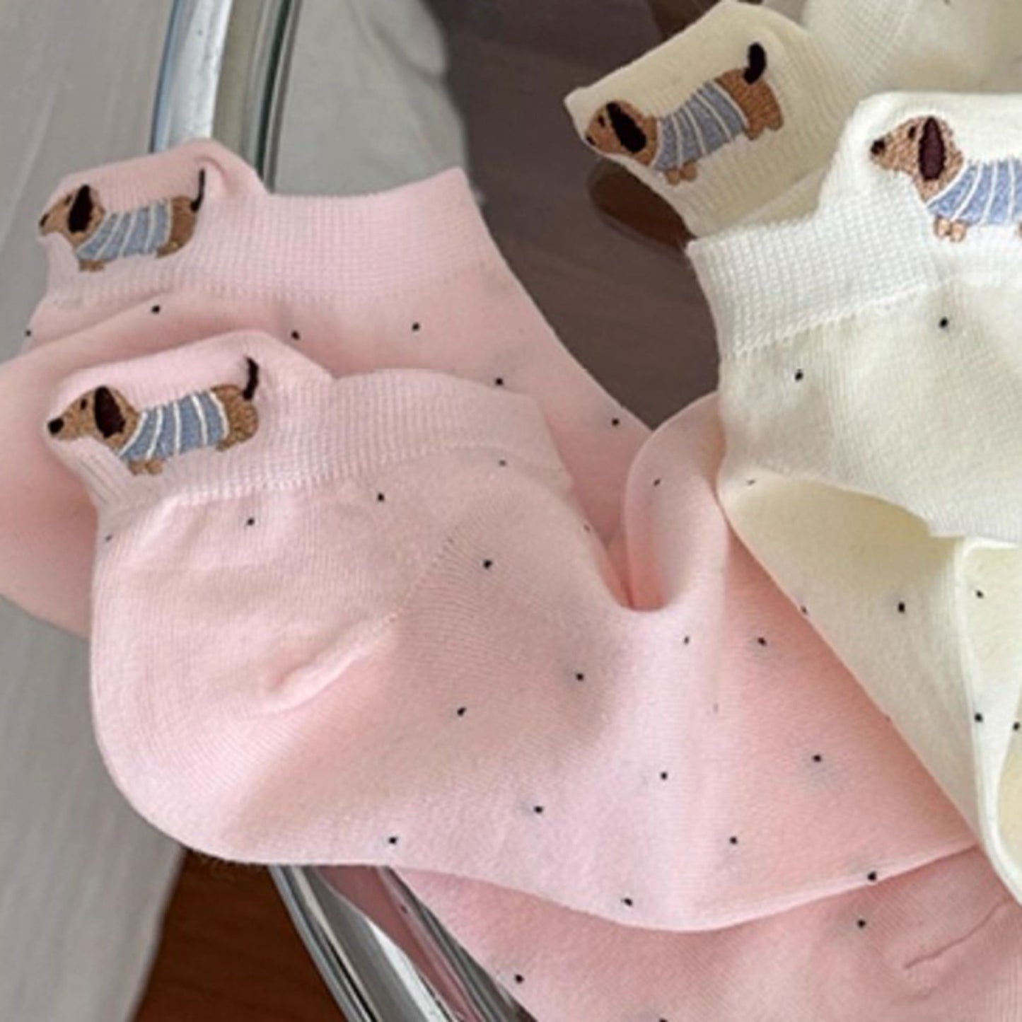 3-Pair No-Show Socks with Embroidered Dog Design and Soft Knit Low-Cut Fit for Casual Comfort