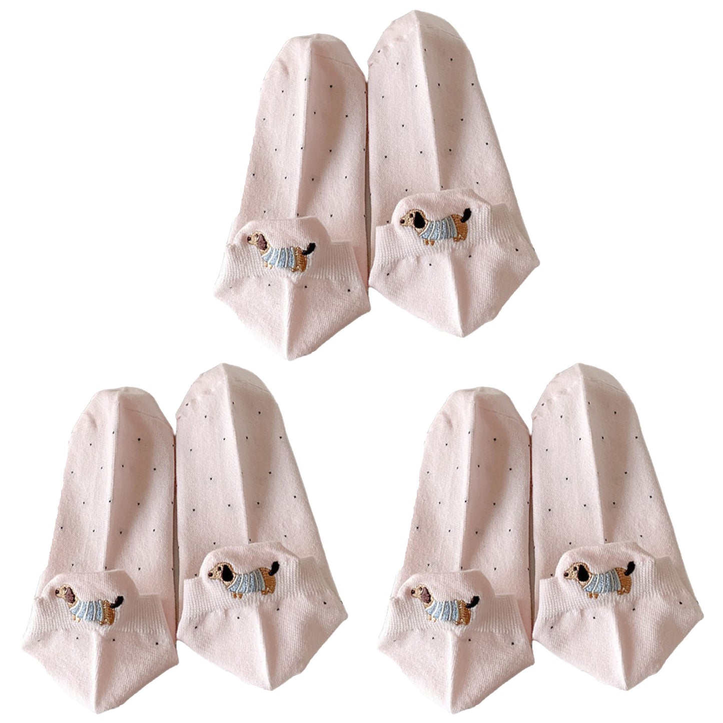 3-Pair No-Show Socks with Embroidered Dog Design and Soft Knit Low-Cut Fit for Casual Comfort
