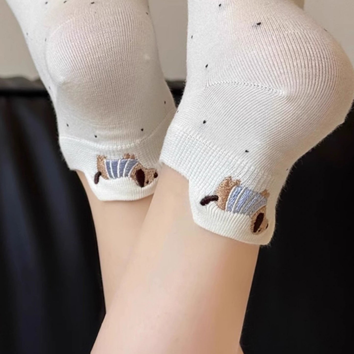 3-Pair No-Show Socks with Embroidered Dog Design and Soft Knit Low-Cut Fit for Casual Comfort