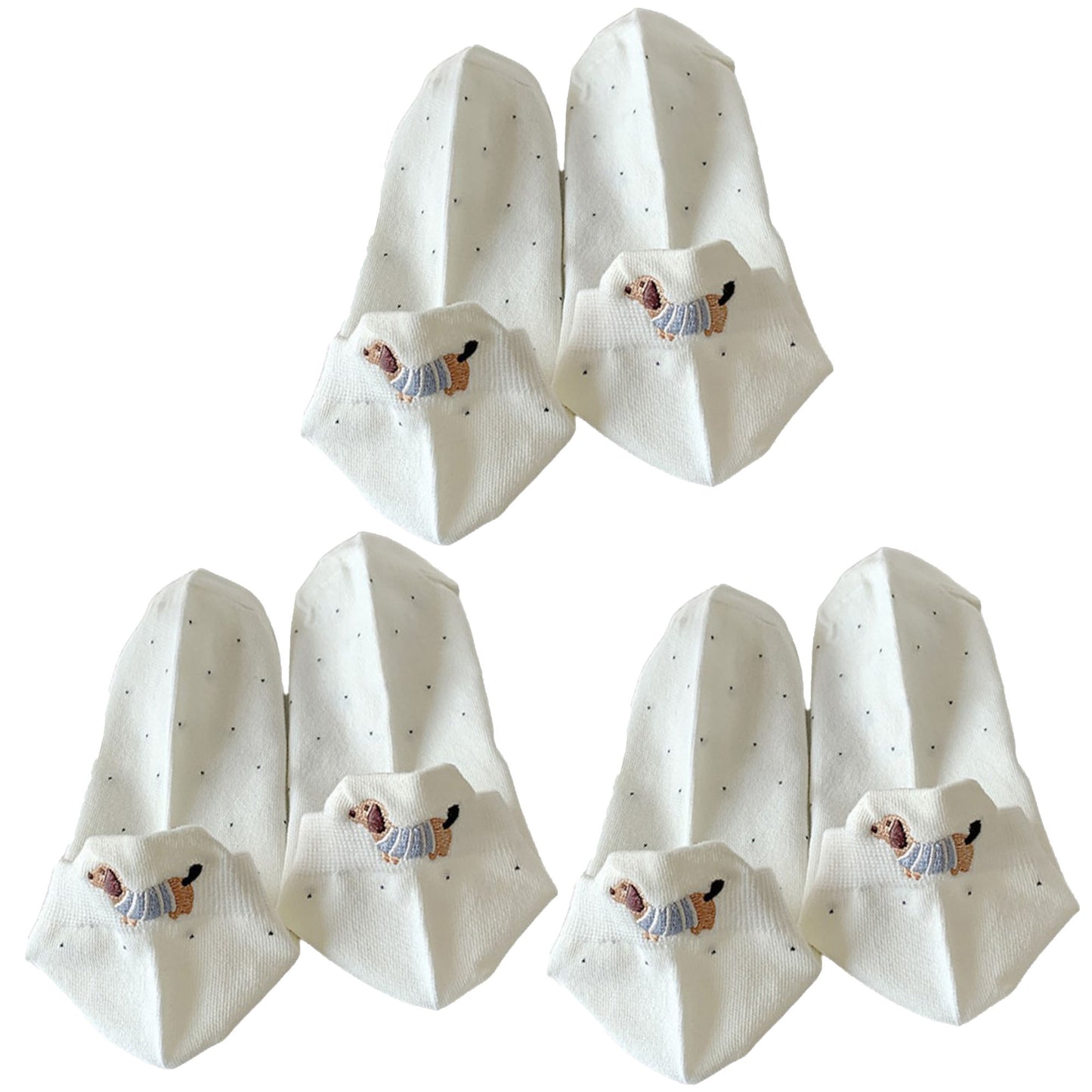 3-Pair No-Show Socks with Embroidered Dog Design and Soft Knit Low-Cut Fit for Casual Comfort