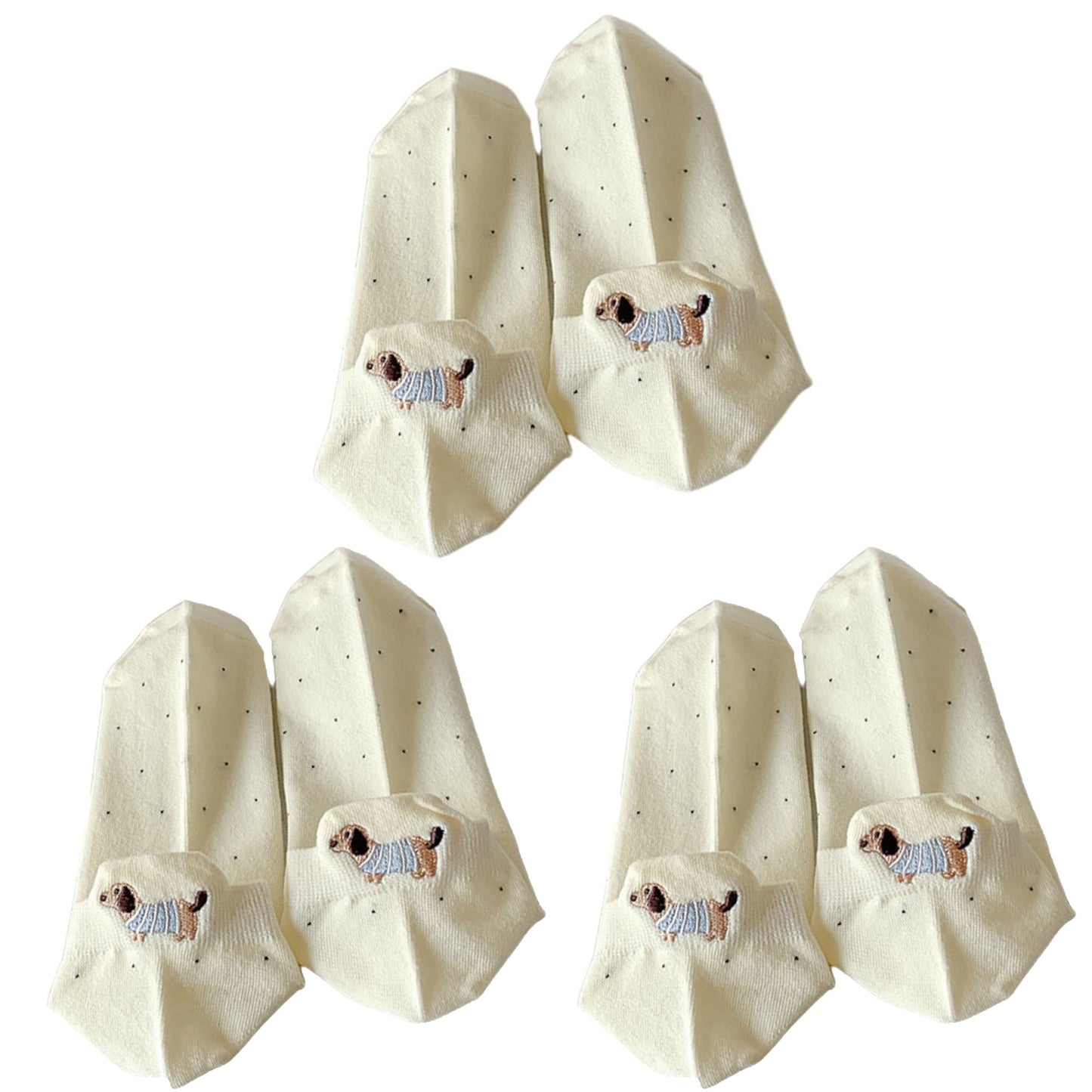 3-Pair No-Show Socks with Embroidered Dog Design and Soft Knit Low-Cut Fit for Casual Comfort