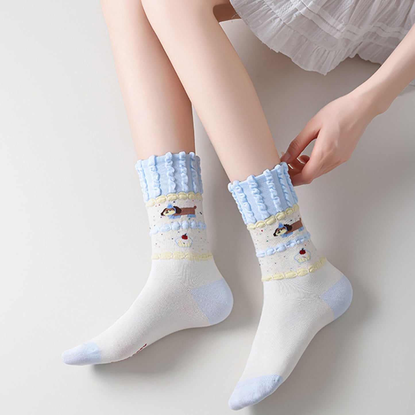 2-Pair Ruffle Cuff Crew Socks with Soft Knit Fabric Playful Character Pattern and Stretch Fit