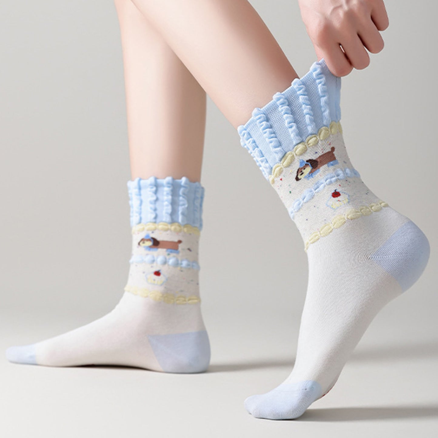 2-Pair Ruffle Cuff Crew Socks with Soft Knit Fabric Playful Character Pattern and Stretch Fit