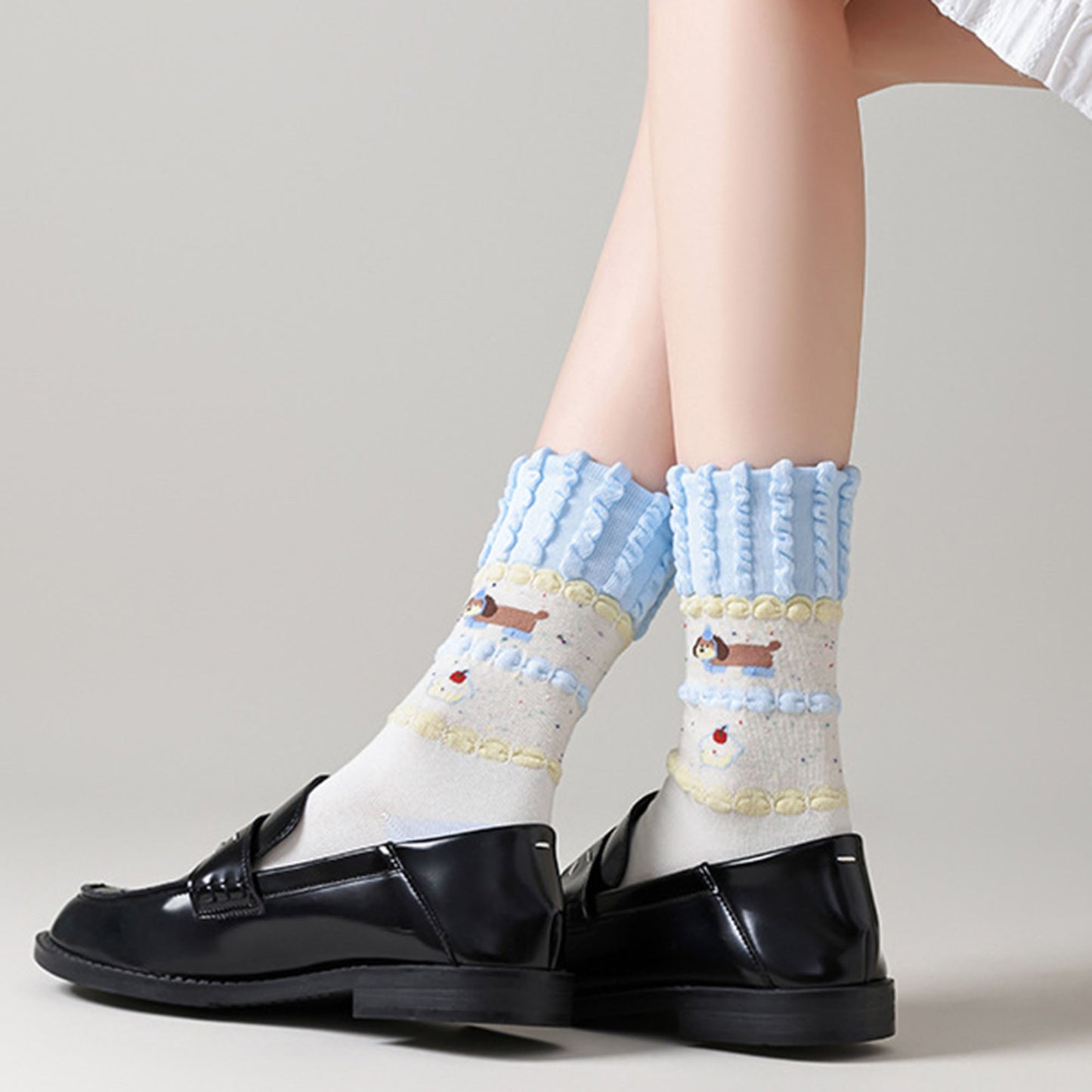2-Pair Ruffle Cuff Crew Socks with Soft Knit Fabric Playful Character Pattern and Stretch Fit