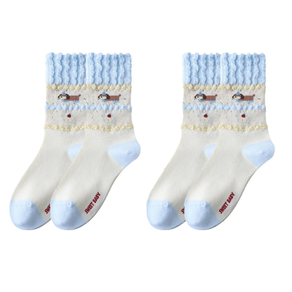 2-Pair Ruffle Cuff Crew Socks with Soft Knit Fabric Playful Character Pattern and Stretch Fit