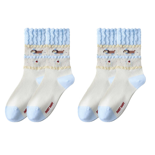 2-Pair Ruffle Cuff Crew Socks with Soft Knit Fabric Playful Character Pattern and Stretch Fit