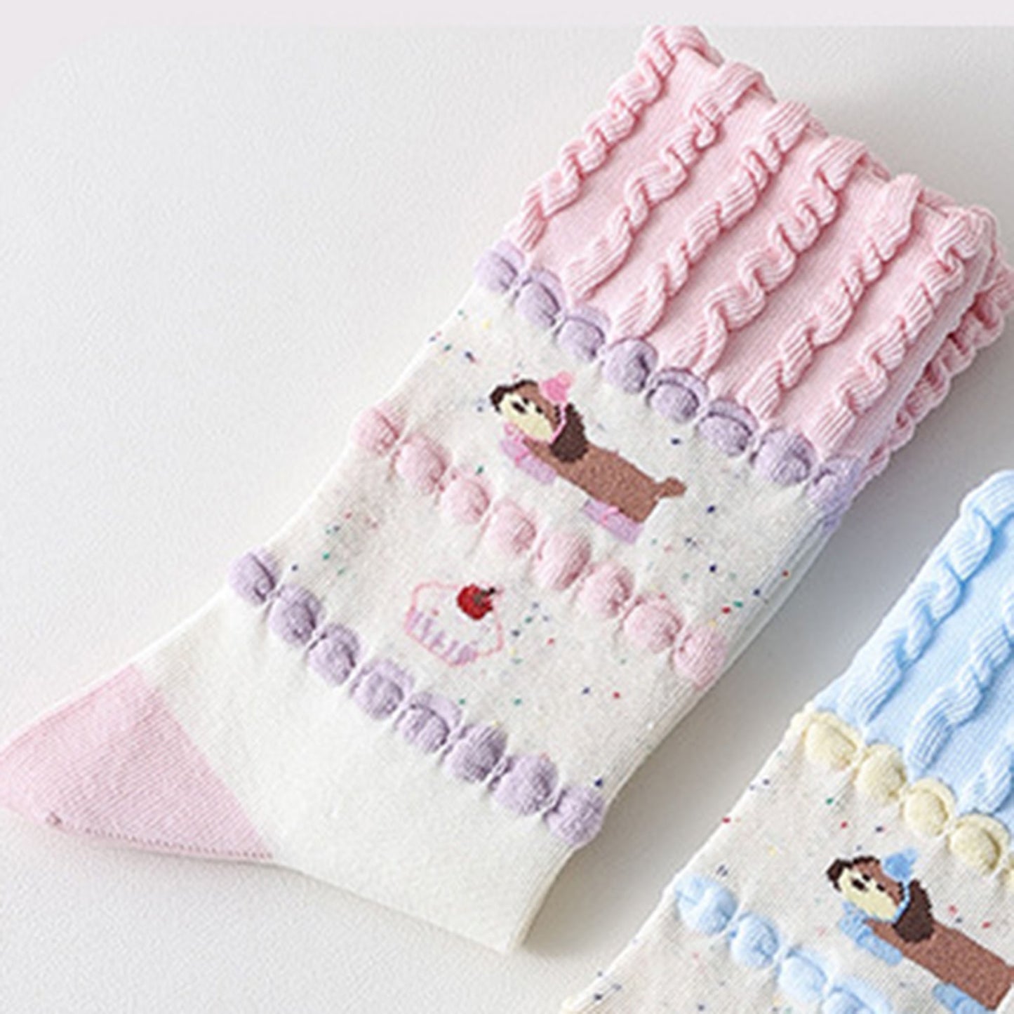 2-Pair Ruffle Cuff Crew Socks with Soft Knit Fabric Playful Character Pattern and Stretch Fit