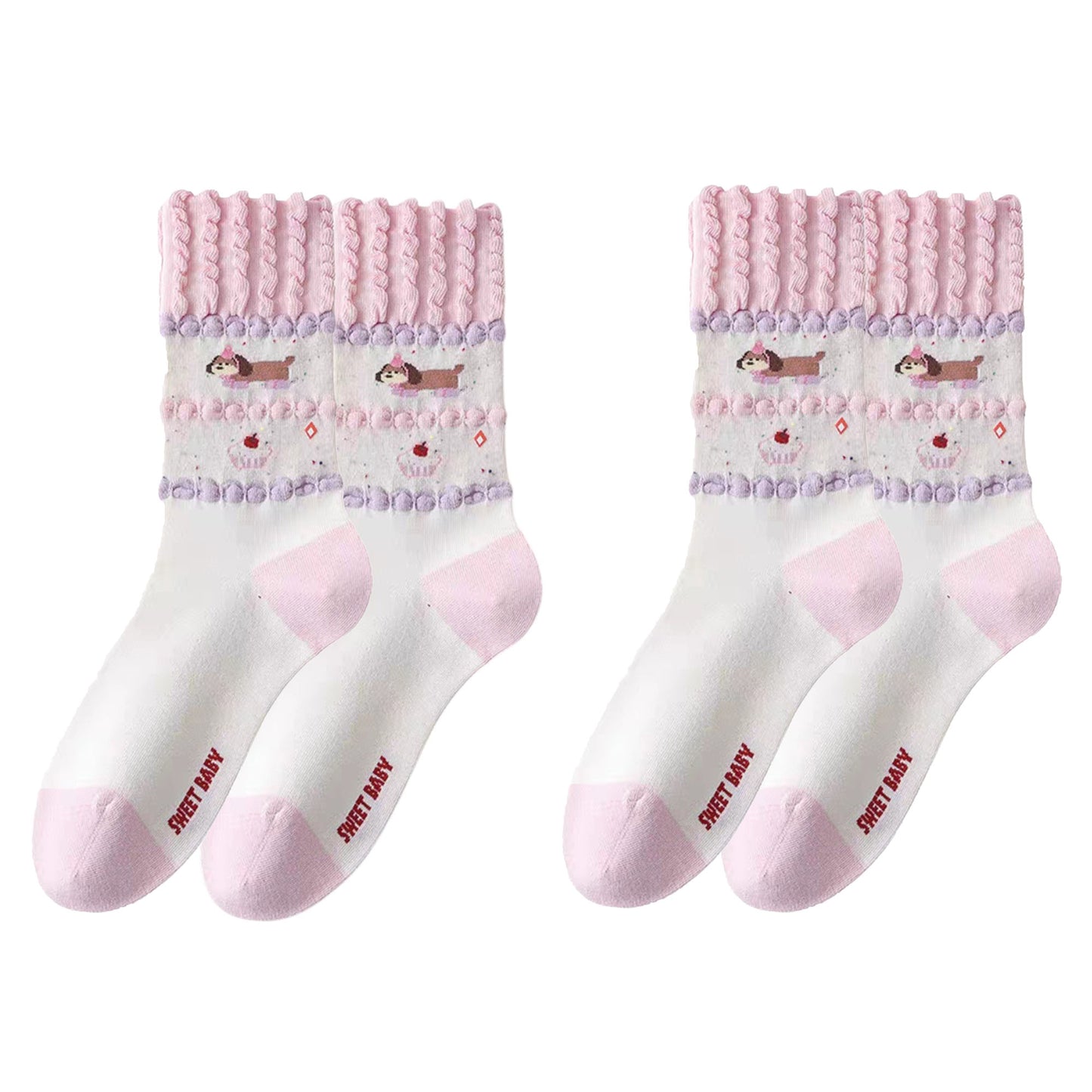 2-Pair Ruffle Cuff Crew Socks with Soft Knit Fabric Playful Character Pattern and Stretch Fit