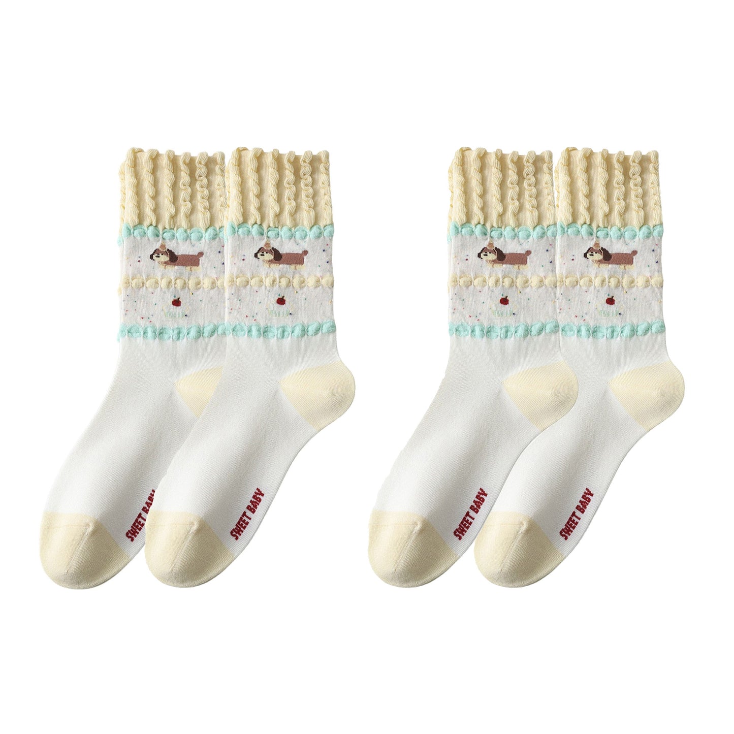2-Pair Ruffle Cuff Crew Socks with Soft Knit Fabric Playful Character Pattern and Stretch Fit
