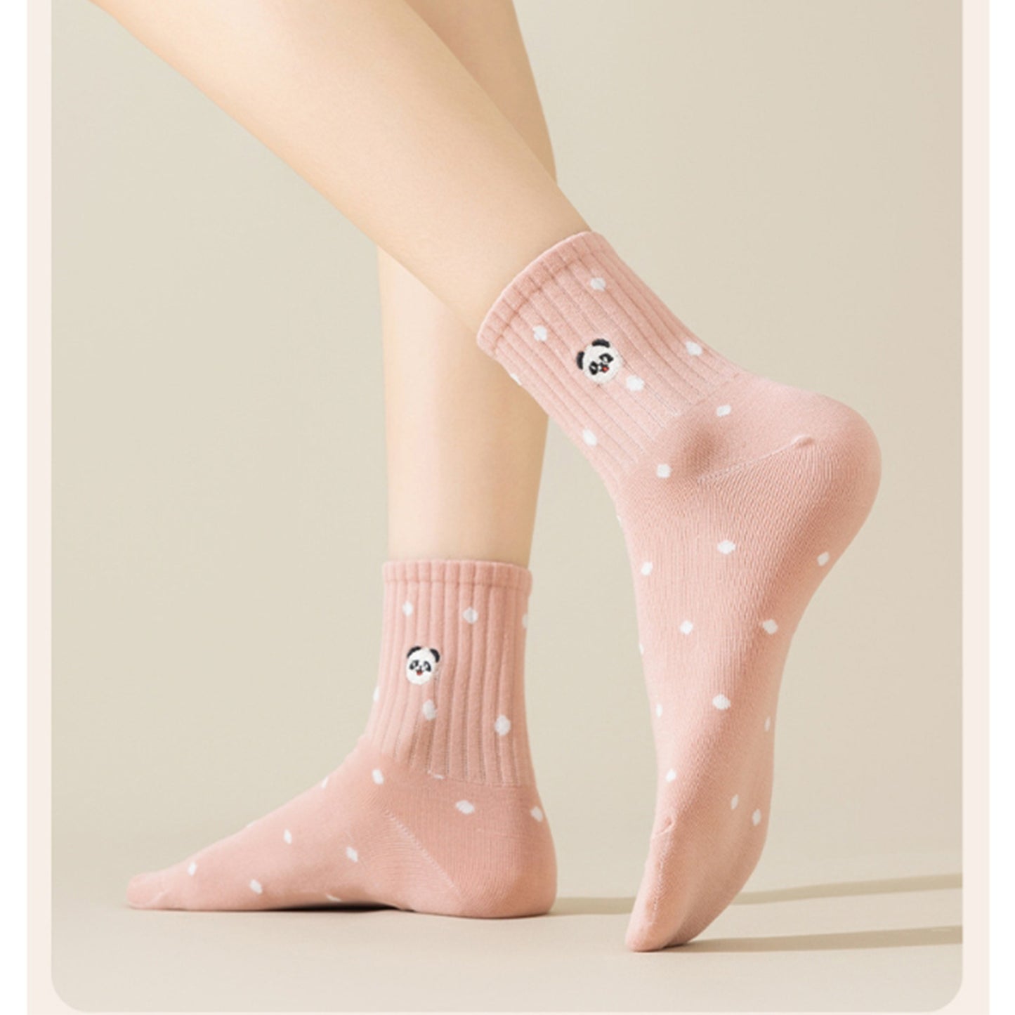 3 Pairs Women's Crew Socks with Polka Dot Pattern and Panda Embroidery