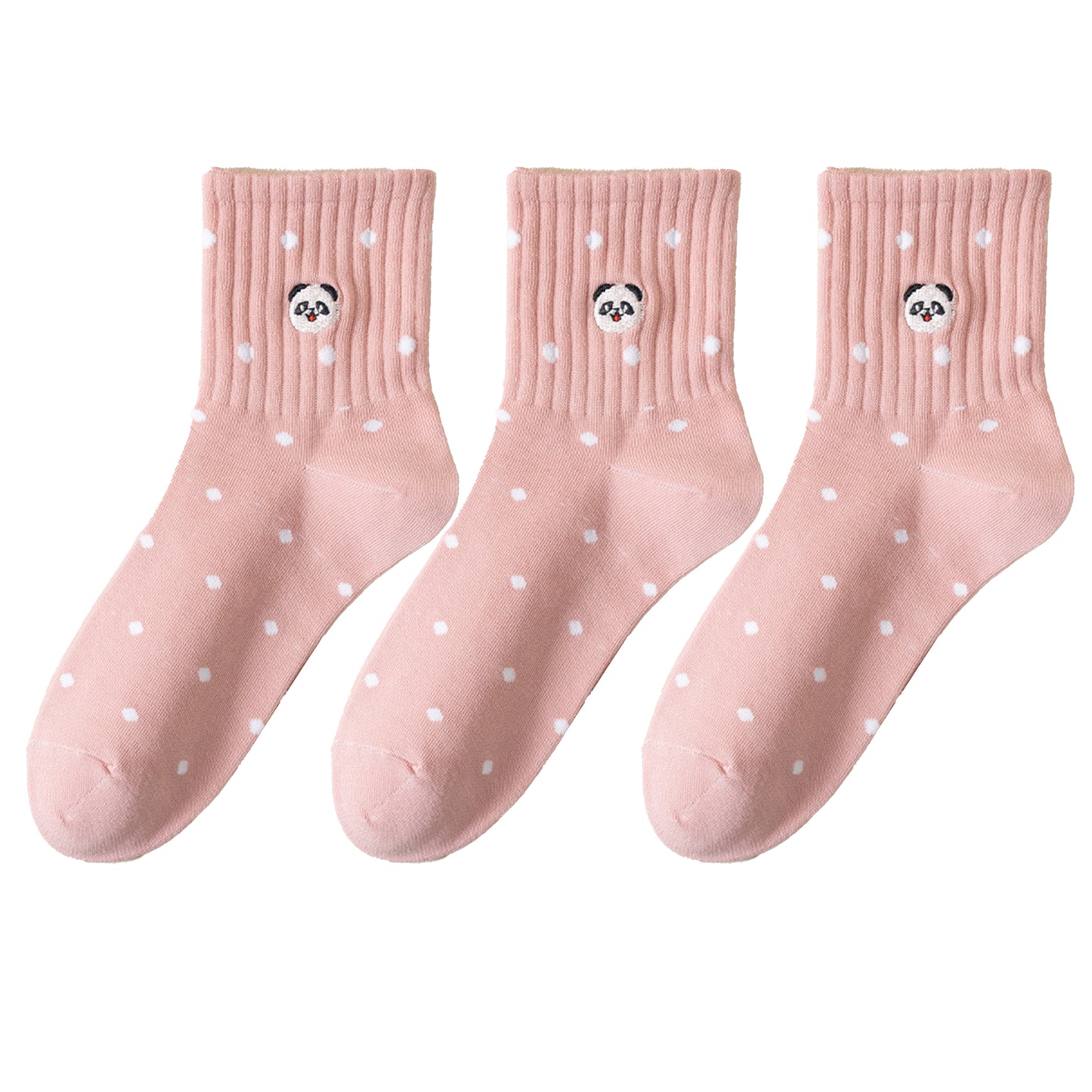 3 Pairs Women's Crew Socks with Polka Dot Pattern and Panda Embroidery