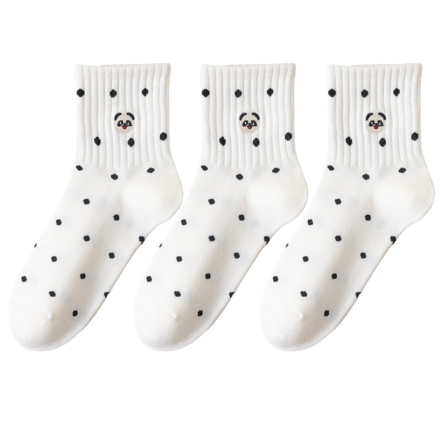 3 Pairs Women's Crew Socks with Polka Dot Pattern and Panda Embroidery