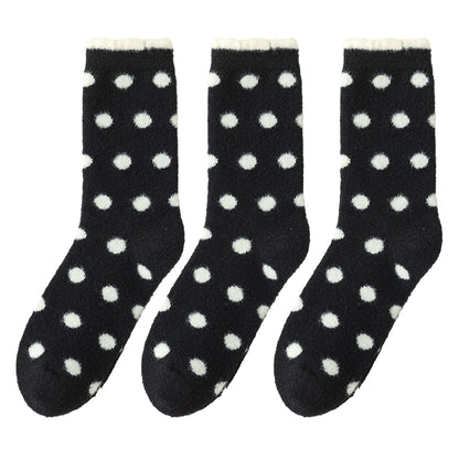 3 Pairs Women's Plush Crew Socks with Polka Dot Pattern and Thick Fleece Lining