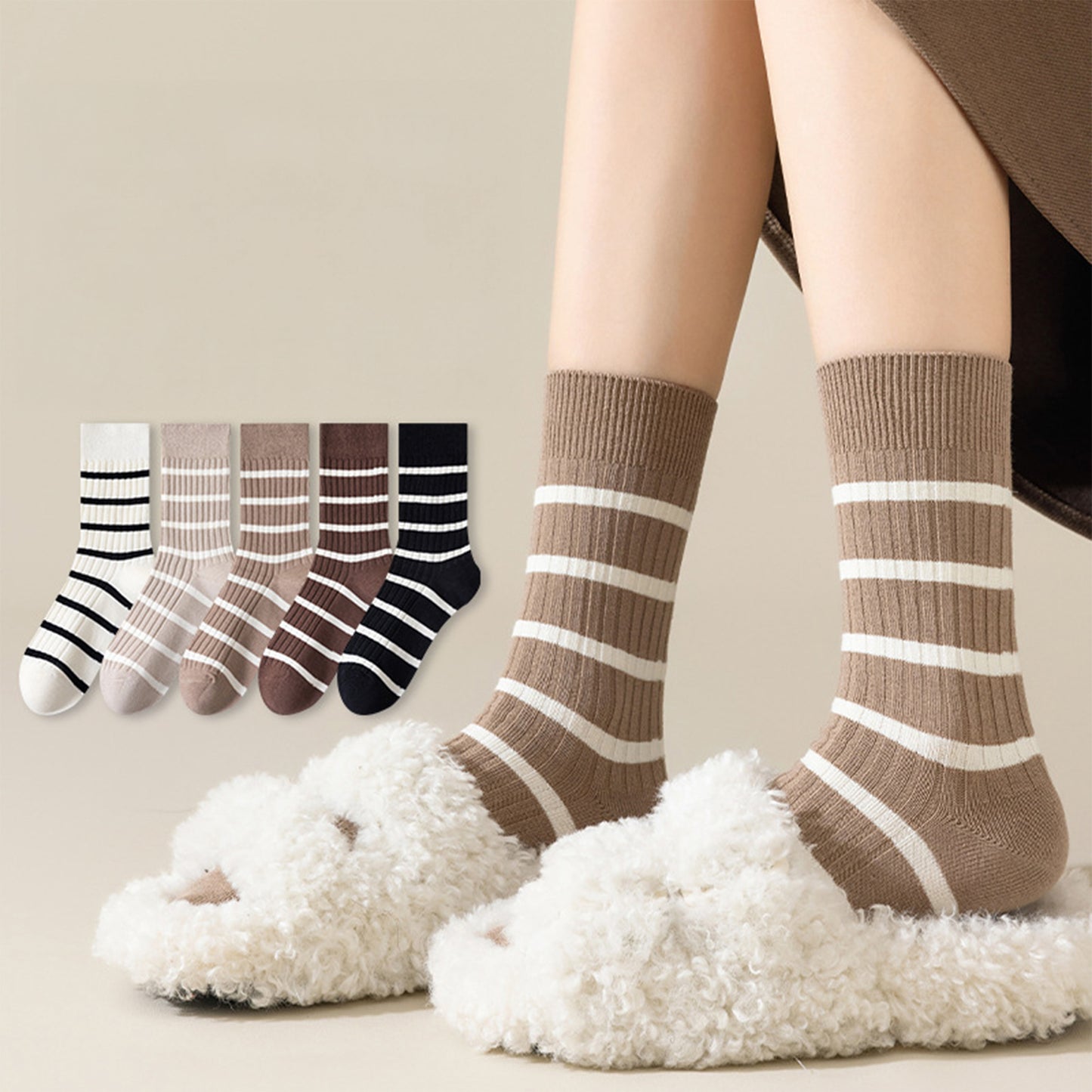 3 Pairs Women's Striped Crew Socks with Ribbed Knit Design and Anti-Pilling Cotton Blend