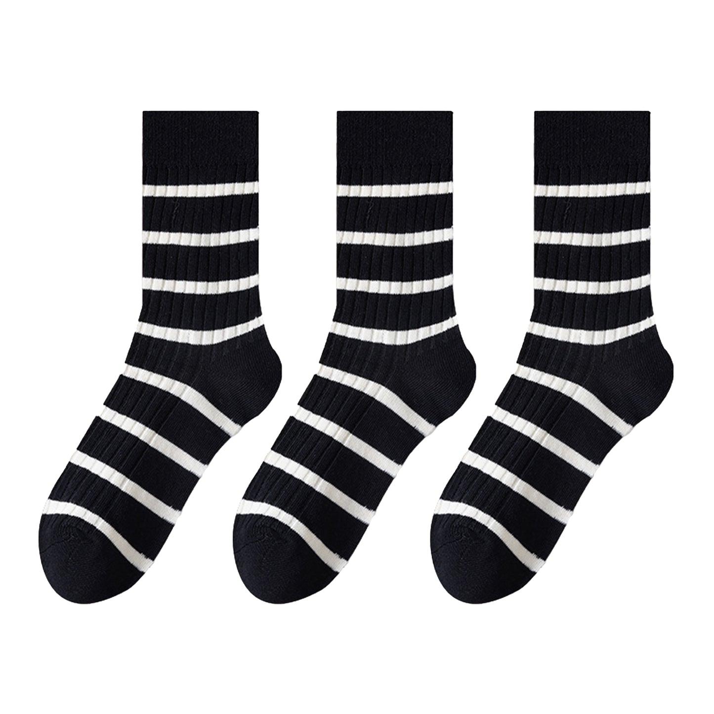3 Pairs Women's Striped Crew Socks with Ribbed Knit Design and Anti-Pilling Cotton Blend