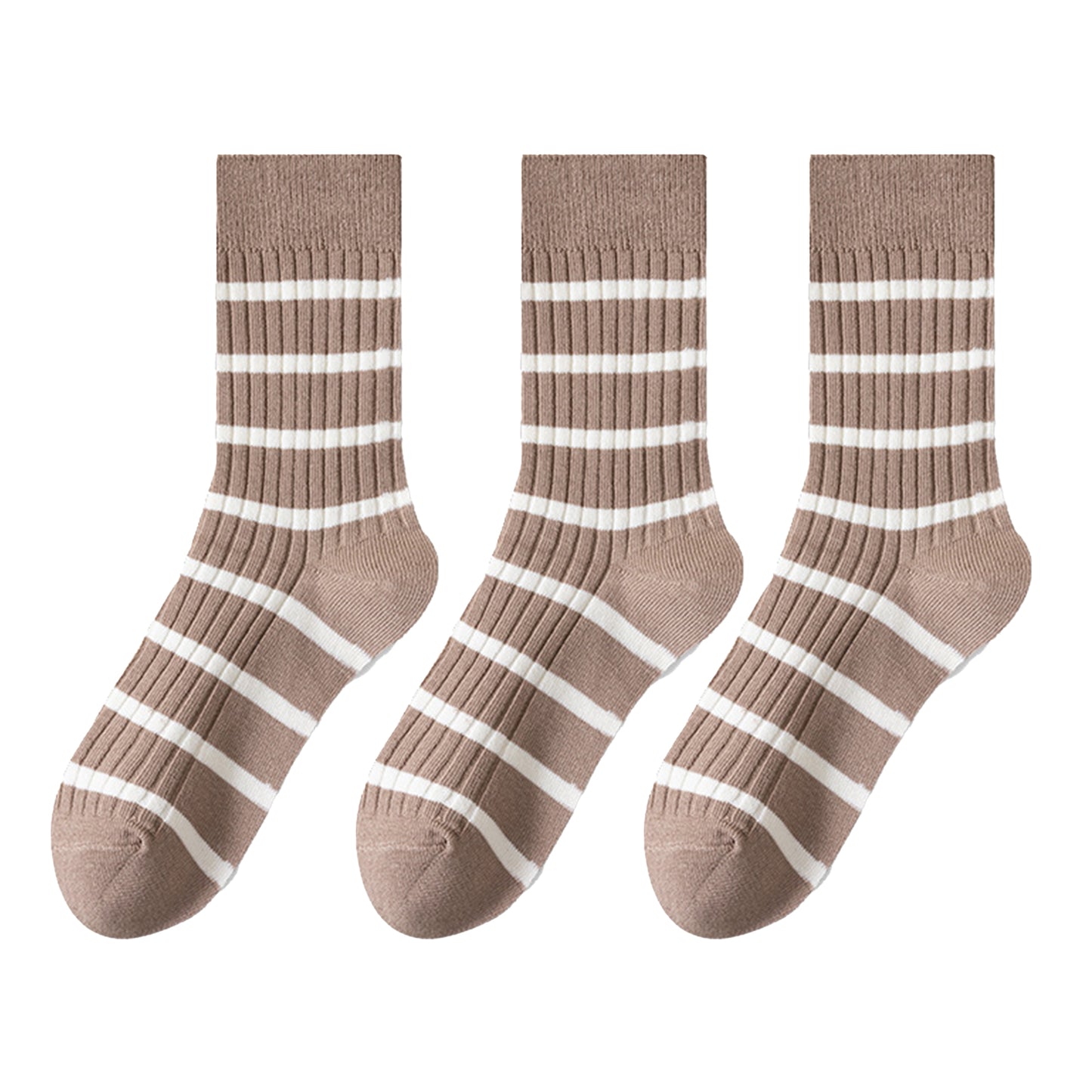 3 Pairs Women's Striped Crew Socks with Ribbed Knit Design and Anti-Pilling Cotton Blend