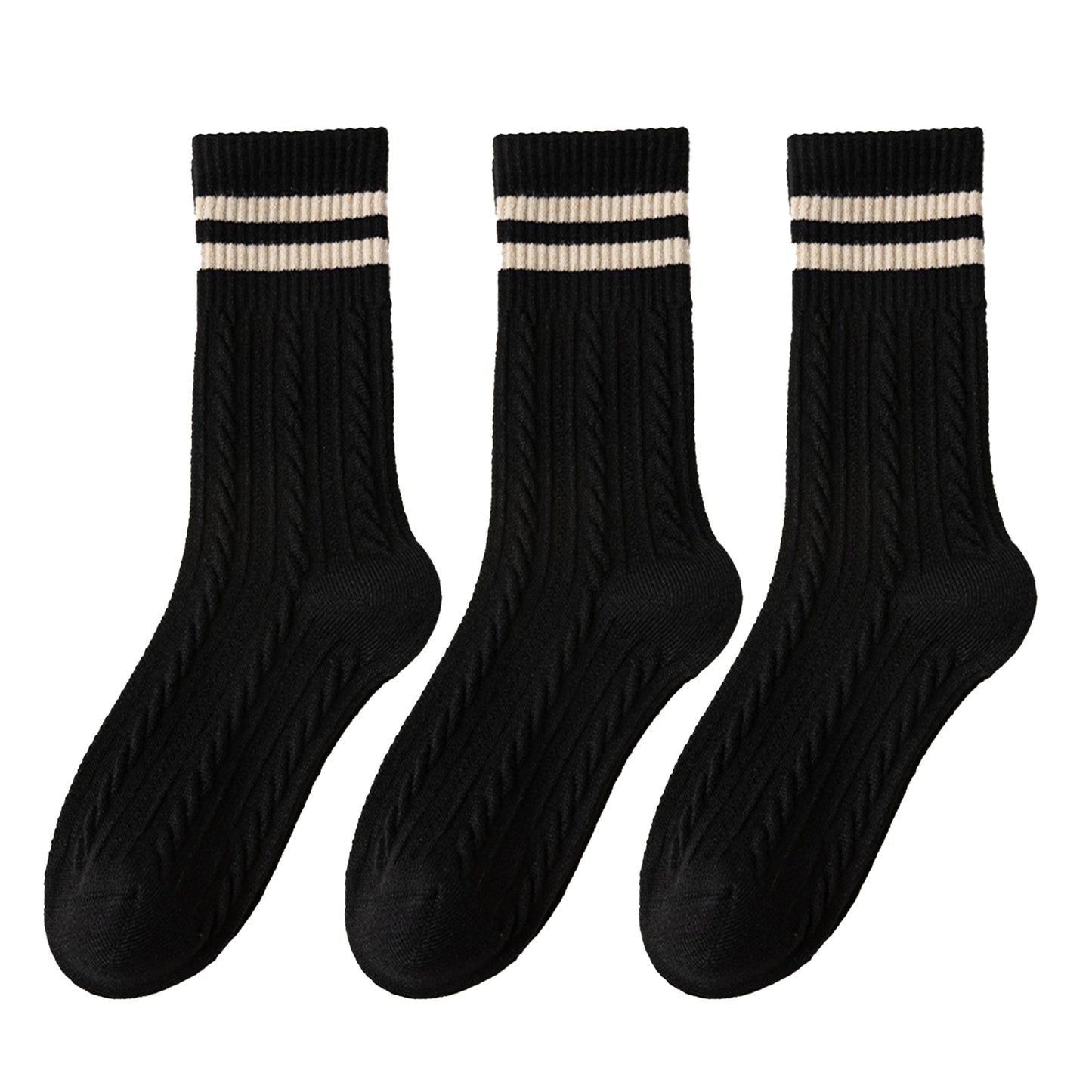 3 Pairs Women's Cable Knit Crew Socks with Ribbed Cuffs and Soft Warm Cotton Blend