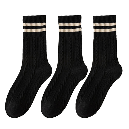 3 Pairs Women's Cable Knit Crew Socks with Ribbed Cuffs and Soft Warm Cotton Blend