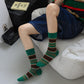 3 Pairs Cotton Crew Socks with Retro Colored Striped Patterns and Comfortable Classic